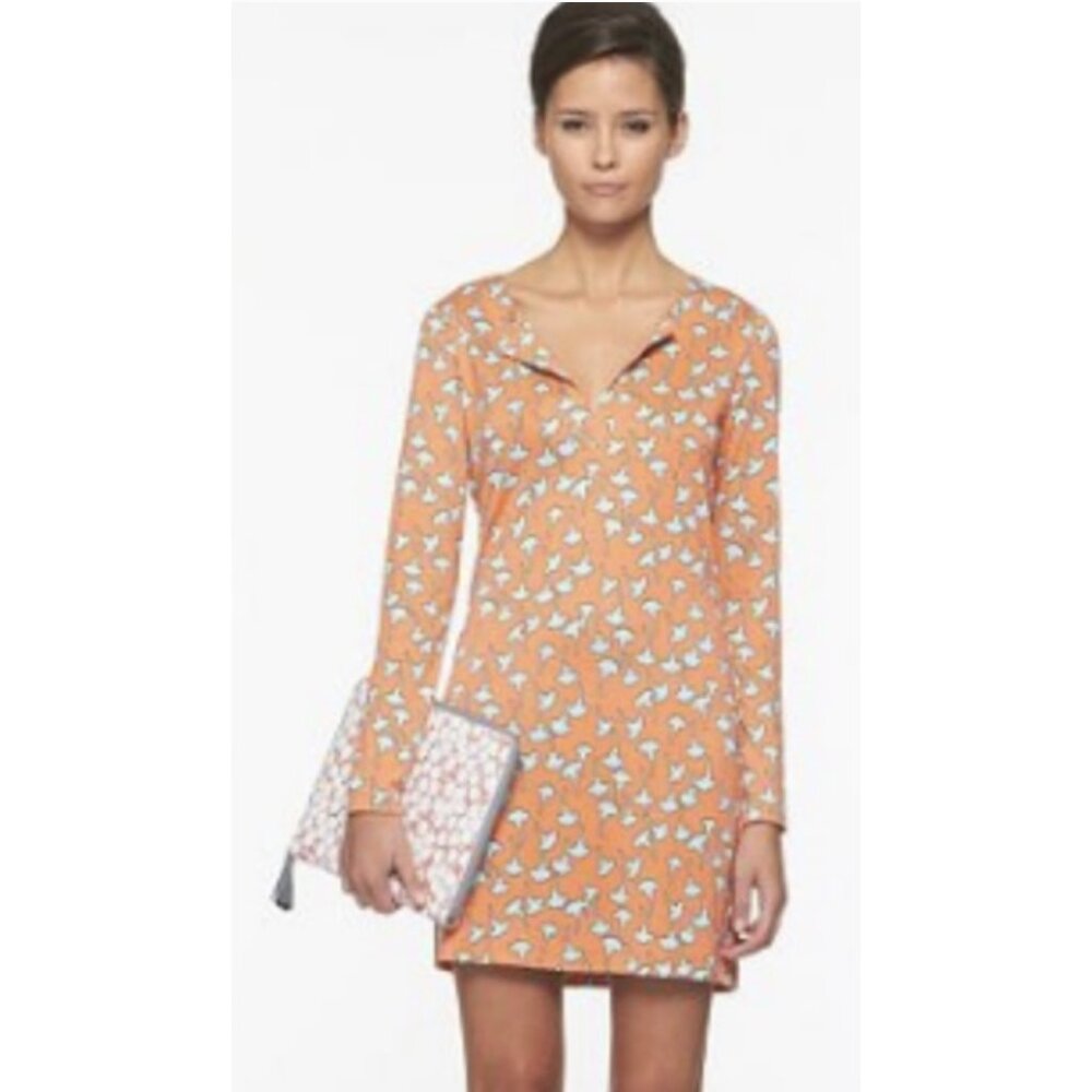 DIANE VON FURSTENBERG Reina 100% Silk Gingko Print Soft Orange Shift Dress Sz 4 - Picture 1 of 15